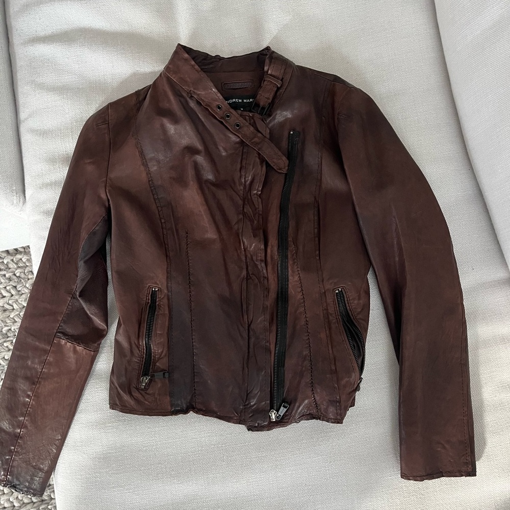 Andrew Marc Brown Leather Motorcycle Jacket with Asymmetrical Zipper